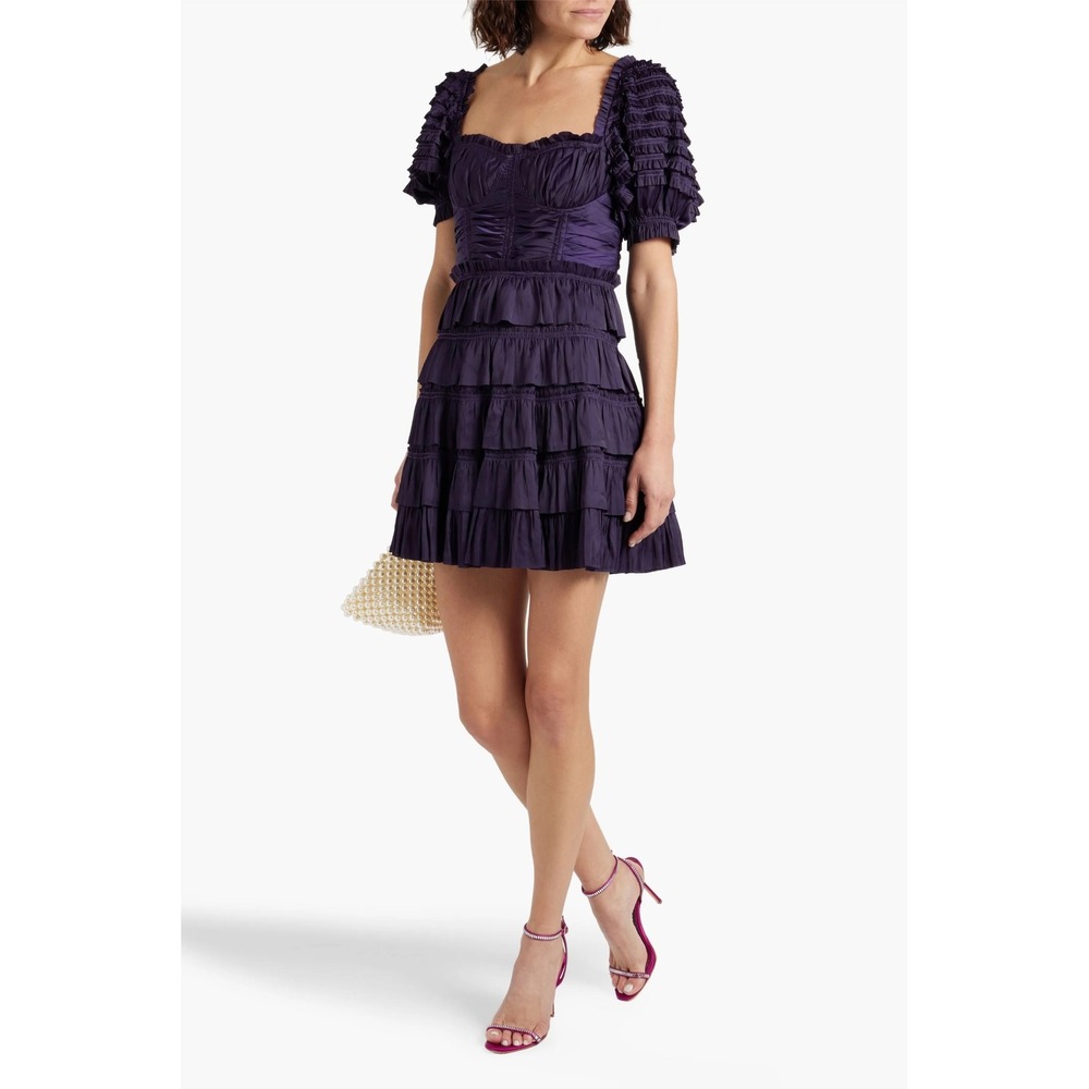 Ulla Johnson Lucette Dress Size 0 Purple Ruffled Ruched Tiered Mini Satin Chic